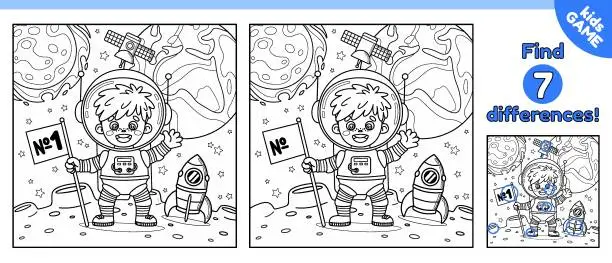 Vector illustration of Kids game Find differences and color astronaut boy