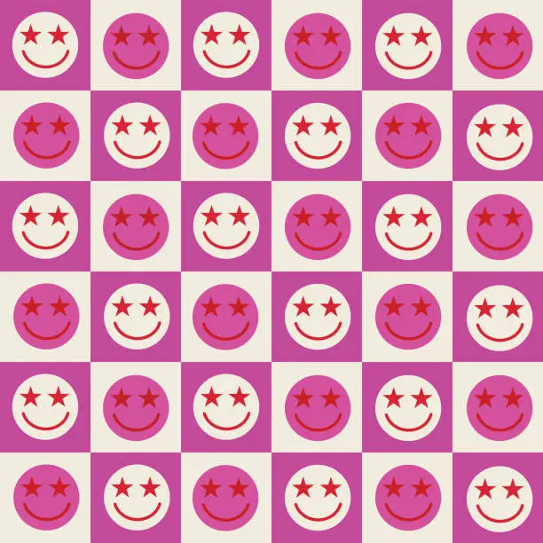 Vector illustration of Checkered happy faces with stars in their eyes seamless pattern on white and pink checkerboards.