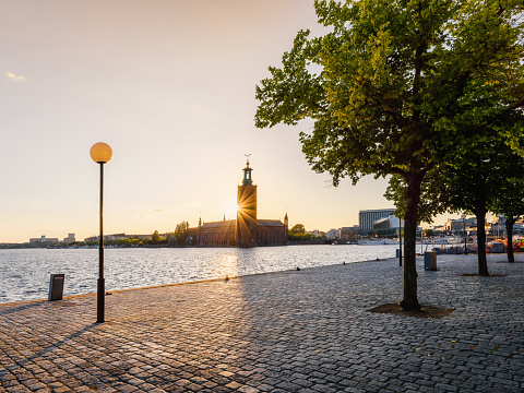 Famous Stockholm City Hall in the evening. Scenic view of the City Hall in the Old Town (Gamla Stan) in Stockholm, Sweden