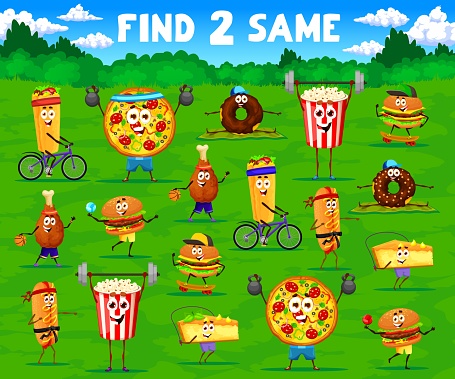 Find two same cartoon fast food characters on sport vacation. Objects finding kids game vector worksheet with burrito, pizza, donut and popcorn, burger, cake funny personages doing fitness exercises