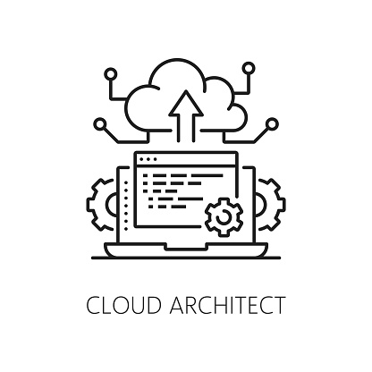 Cloud architect, IT specialist icon of data storage engineer and digital network management, line vector. Data cloud software and web storage engineering specialist pictogram of server cloud thin line