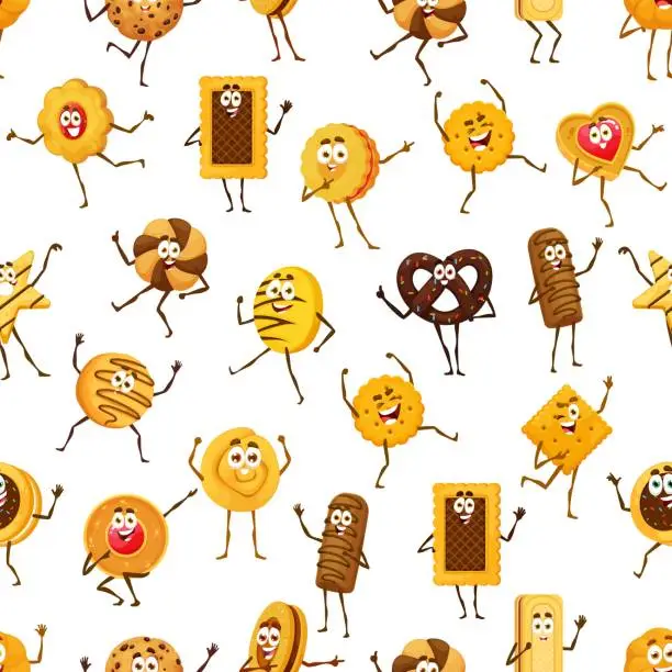 Vector illustration of Cartoon cookie, pastry characters seamless pattern