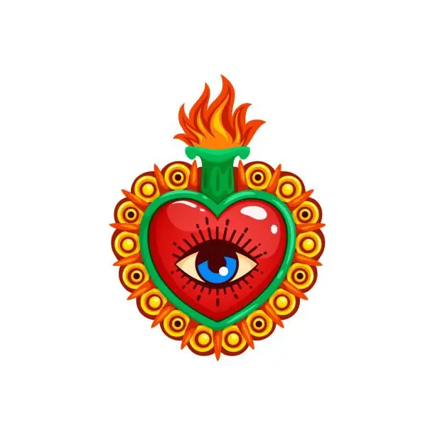 Vector illustration of Mexican sacred heart with eye and burning flames