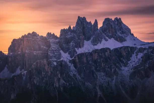 Croda da lago peaks with a touch of snow during sunrise