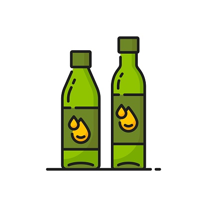 Rapeseed, canola oil icon, isolated vector linear sign of two green bottles with a yellow drop labels, holding pure, extra virgin golden oily production, a kitchen essential for cooking and baking