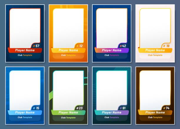 Sport trading cards. Soccer team score poster, football club match or hockey player image cards, basketball league tournament vector banner blank templates with colorful, modern digital style frames
