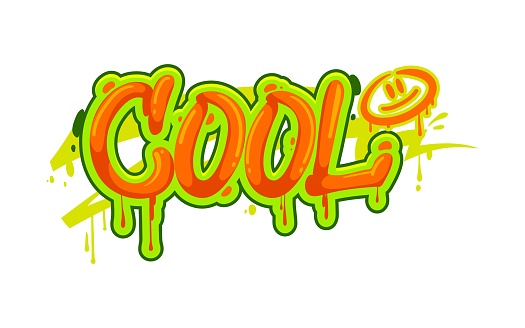 Cool graffiti, street art or urban style lettering with paint spray on wall, vector artwork. Graffiti word Cool in green orange airbrush paint writing with cartoon smile emoji and paint leak drips