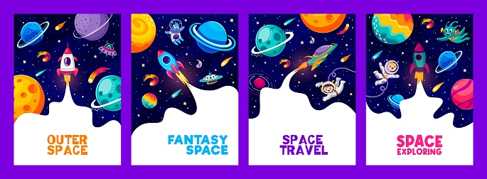 Space flyers, posters and banners with cartoon astronauts, ufo and aliens, rockets, spaceship and stars. Vector vertical cards with spacecraft engines and funny et, and cute cosmonauts in Universe