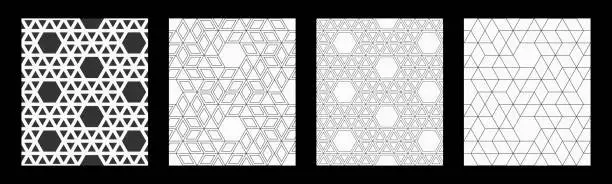 Vector illustration of Set of four vector seamless geometric patterns. Polygonal trellis on the base of triangular grid.