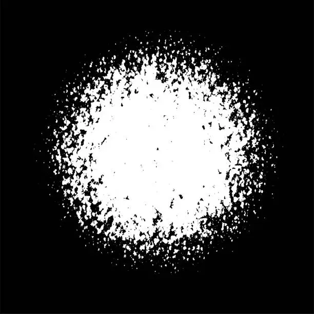 Vector illustration of Circle spray gradient pattern. Grain dot round frame. Noise texture ring. White black dust or sand circular border. Sun view. Solar eclipse. Abstract vector illustration