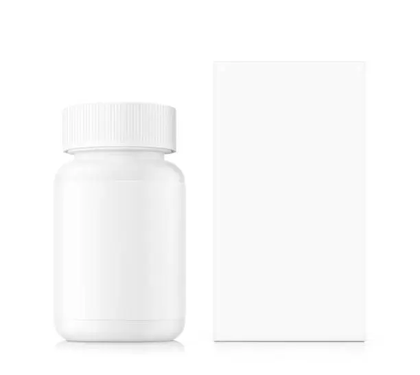 Vector illustration of White bottle with box mockups isolated on white background.