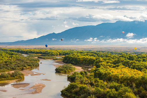 Hot Air balloons float through the sky over the Rio Grande River near Albuquerque, New Mexico, as part of the Albuquerque International Balloon Fiesta.