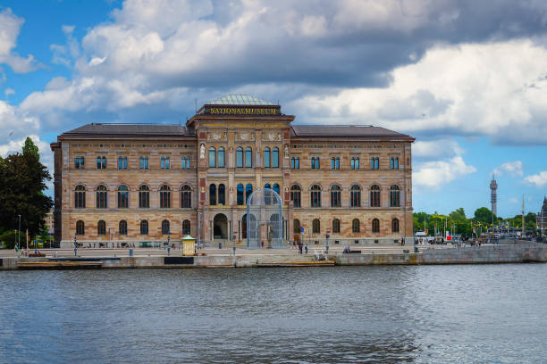 view of stockholm, sweden - july 15, 2023: view of national museum building in stockholm. capital of sweden with beautiful old buildings and architecture - sveriges helgeandsholmen imagens e fotografias de stock