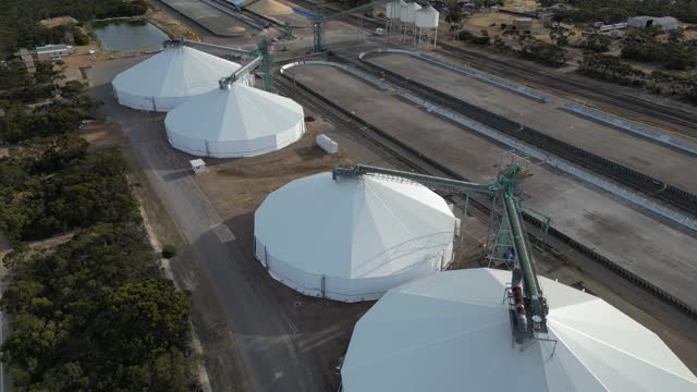 Aerial top down shot of big silos for grain storage in countryside of Western Australia