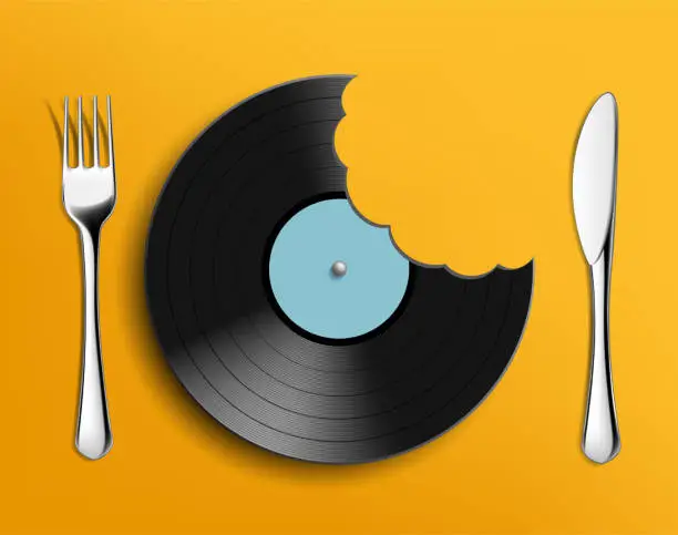 Vector illustration of Vinyl music retro disc with fork knife.