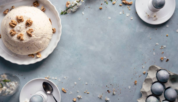 Easter breakfast on a table. Easter egg in beautiful composition with copy space.