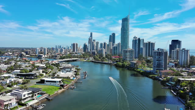 Gold Coast, Australia: Aerial view of skyscraper skyline of famous resort city on east coast of Queensland, Nerang River