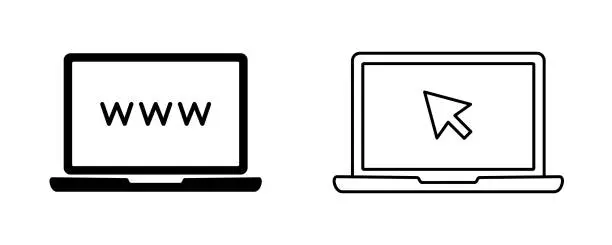 Vector illustration of Laptop computer icon. Notebook with pointer mouse arrow cursor clicking on screen. Computer icon. laptop icon. Online services, web design, e-commerce and marketing. Linear vector pictogram