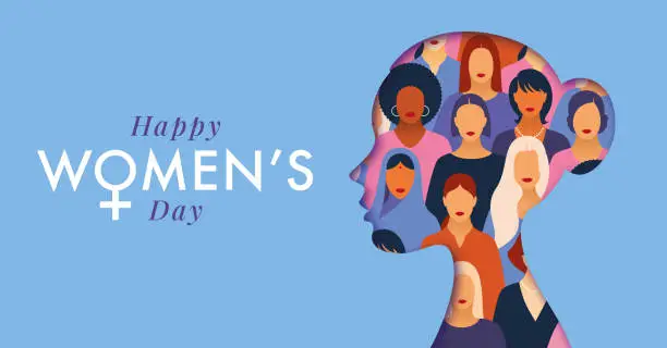 Vector illustration of Happy Womens Day. Woman head paper cut card.