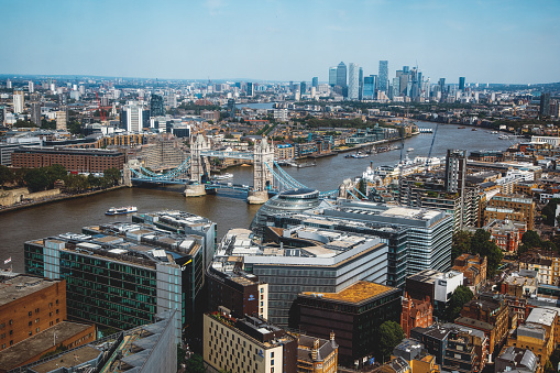 Panoramic aerial landscape view to the cityscape of East London with Tower Bridge and business skyscrapers of the city during sunny day in England, United Kingdom
