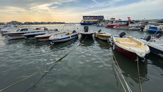 Silivri, Istanbul, Turkey - November 06, 2023: Fishing boats at Silivri Port of Istanbul city. Silivri is a touristic seaside resort on the European side of Istanbul