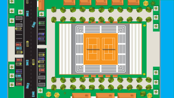 illustrazioni stock, clip art, cartoni animati e icone di tendenza di cartone animato piano vista dall'alto del veicolo automobilistico con la città e lo stadio sportivo del campo da tennis in terra battuta - tennis baseline fun sports and fitness