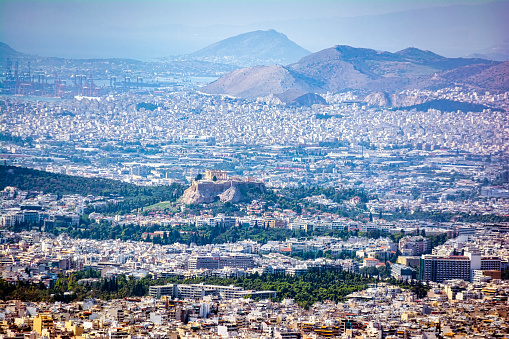 The Acropolis of Athens. Amazing view from Hymettus mountain. Attica, Greece.