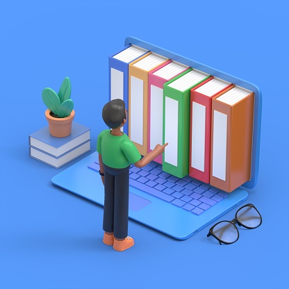 Concept of electronic books. 3D illustration of handsome afro man David standing in front of laptop and electronic books. Isometric 3D illustration.