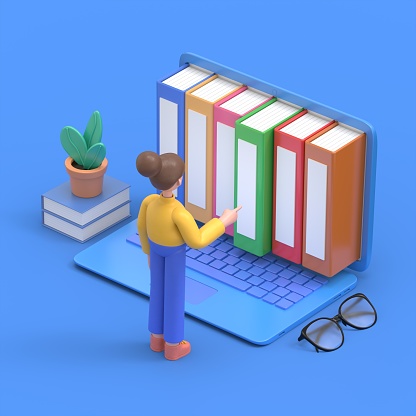 Concept of electronic books. 3D illustration of Asian woman Angela standing in front of laptop and electronic books. Isometric 3D illustration.