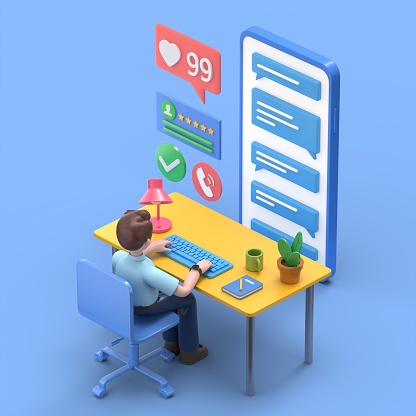 Customer support concept. 3D illustration of Asian man Felix Can use for web banner, infographics, hero images. Flat isometric 3D illustration isolated on blue background.