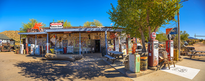 Hackberry, Arizona, USA - November 04, 2023 : Vintage gas pumps and memorabilia at Hackberry General Store on the historic Route 66 in Arizona.