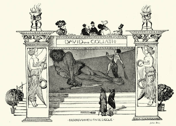 Vintage illustration Satirical cartoon about David and Goliath, German, Jugendstil, Art Nouveau, 1890s, 19th Century