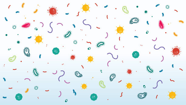 Colourful viruses floating on a light blue background A large group of colourful viruses floating on a light blue background. pathogen stock illustrations