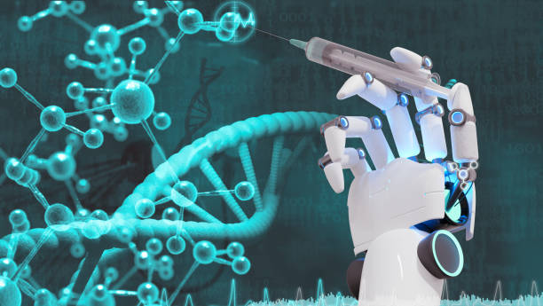 istock A robotic hand holds a syringe in front of a DNA molecule. The syringe is filled with medication, and the DNA molecule is a symbol of the future of medicine. 3d render. 1972760718
