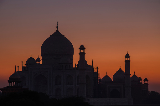 Taj Mahal during sunset, silhouette,  Agra, Uttar Pradesh, India.