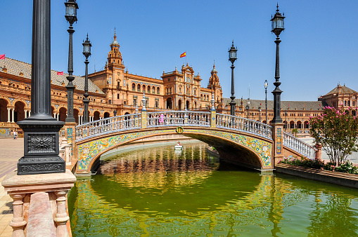 Architecture and canals of Spain square, Seville, Spain