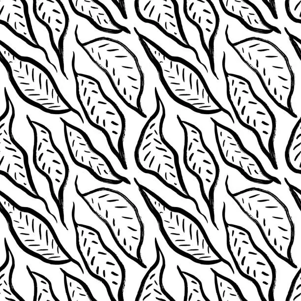 Vector illustration of Abstract exotic leaves seamless pattern. Brush drawn leaves with veins. Summer botanical vector wallpaper.