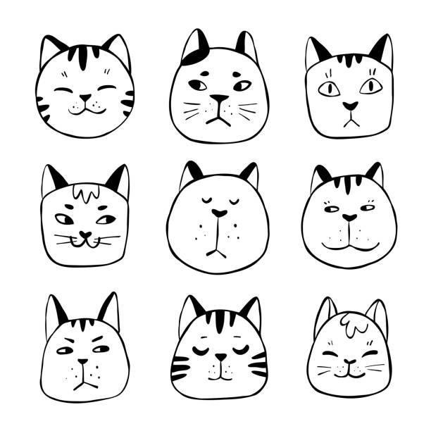 Set of hand-drawn cartoon vector outline cat faces with different emotions and forms. Collection of hand-drawn vector outline cat faces with different emotions and forms. Cartoon funny pet heads set for coloring book, veterinary logo, kids textile, packaging paper, or print. drawing-of-a-sad-happy-mask stock illustrations