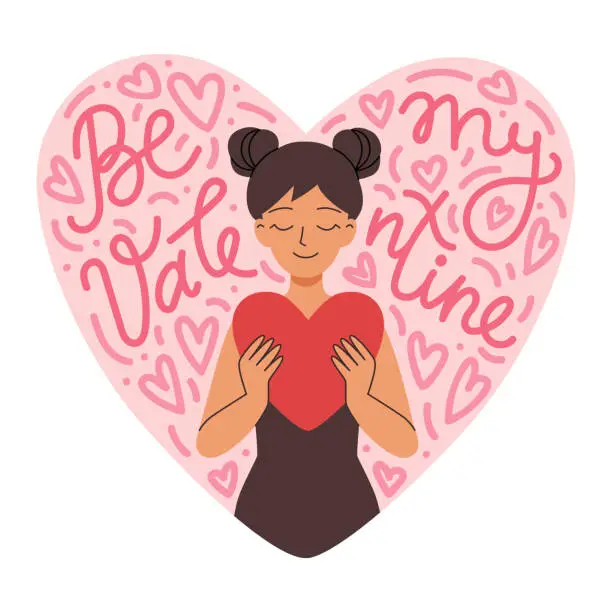 Vector illustration of Cartoon young woman holding heart symbol with be my Valentine hand lettering on the background.
