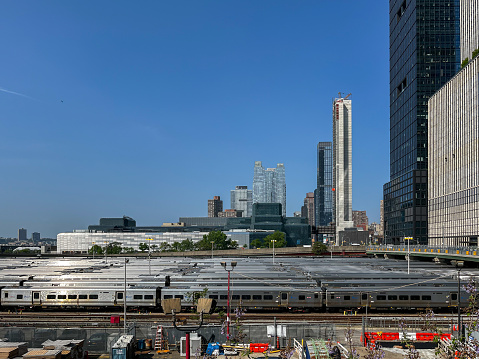 May 11 , 2023 - Hudson Yards, Manhattan, New York City, NY, USA: Train storage and maintenance yard for MTA and skyscrapers at Hudson Yards in New York City