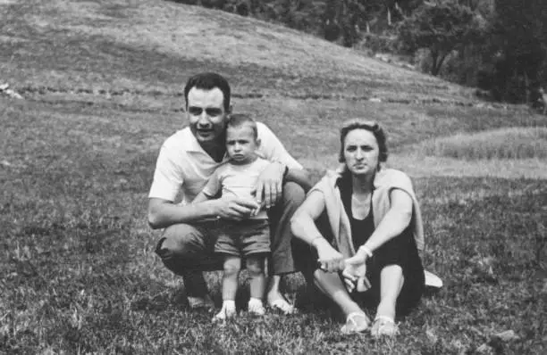 Happy family on vacation, 1952. Summer Holidays on European Alps.