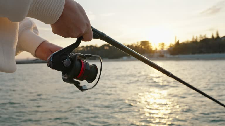 Reel of fishing rod hand rotation of orange sunset slow motion. Woman hobby fishing on sea tightens fishing line reel fish summer. Lens flare. Calm surface sea. Bright disk of sun Go Everywhere