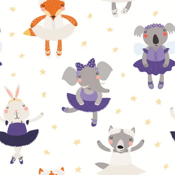 Vector illustration of Cute animals ballerinas, dancers seamless pattern