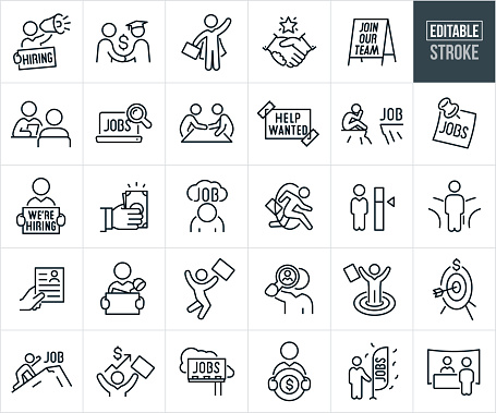 A set of employment and jobs icons that include editable strokes or outlines using the EPS vector file. The icons include a recruiter holding a 