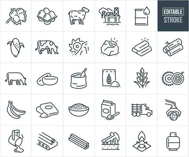 Vector illustration of Commodities And Raw Materials Thin Line Icons - Editable Stroke