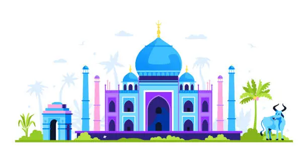 Vector illustration of Sacred places and attributes of India - modern colored vector illustration