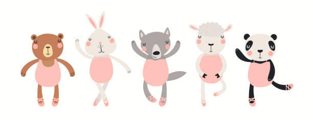 Cute animals ballerina girls in leotards, isolated Banner with cute animals ballerina girls in leotards, isolated on white. Hand drawn vector illustration. Scandinavian style flat design. Concept for kids fashion, textile print, ballet school, studio wolf and lamb stock illustrations