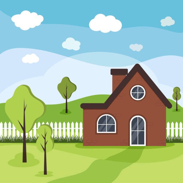 istock Vector illustration of a rustic brick house on a background of fields, trees and clouds. 1972895038