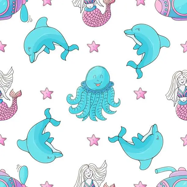 Vector illustration of Creative marine seamless pattern. Pattern in hand draw style