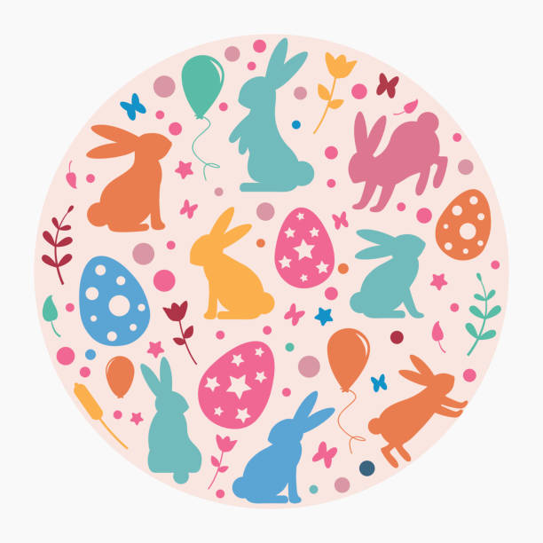 illustrazioni stock, clip art, cartoni animati e icone di tendenza di sfondo a tema pasquale in cerchio con coniglietti colorati e uova di pasqua - floral pattern butterfly easter easter egg